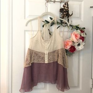 Anthropologie Mustard Seed Gauze and Lace Tank